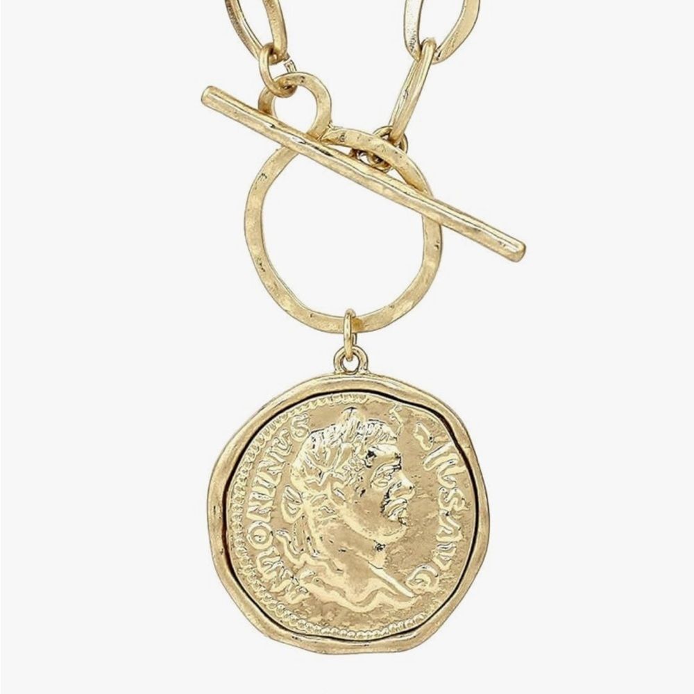 14K Gold Coin Medallion Necklace Chunky Toggle Chain Statement Pendant 18” Bold
